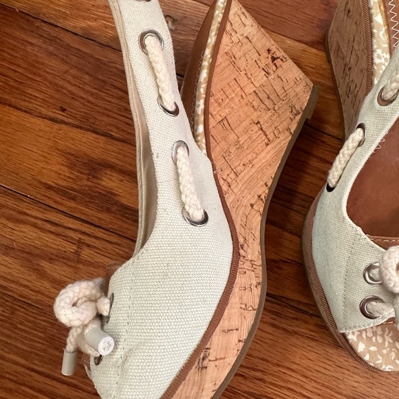 Sperry Wedge Sandals Slingback Canvas Leather Cream/white Womens Size 8.5 - Picture 3 of 4